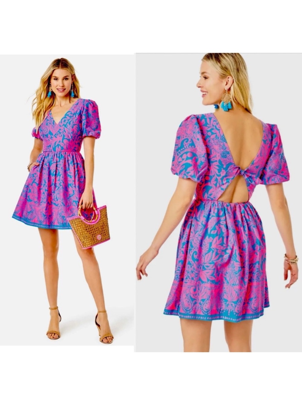 Lilly Pulitzer Suzie Short Puff Sleeve Cotton Aura Pink Leaf Mini Dress Size 6 - Picture 2 of 8